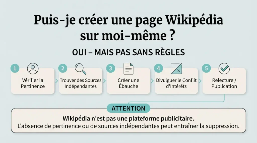 infographie : les 5 étapes à suivre pour créer une page Wikipédia sur soi-même et les précautions à prendre