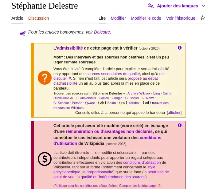 bandeau sur une page wikipédia créée par soi-même par une entrepreneuse