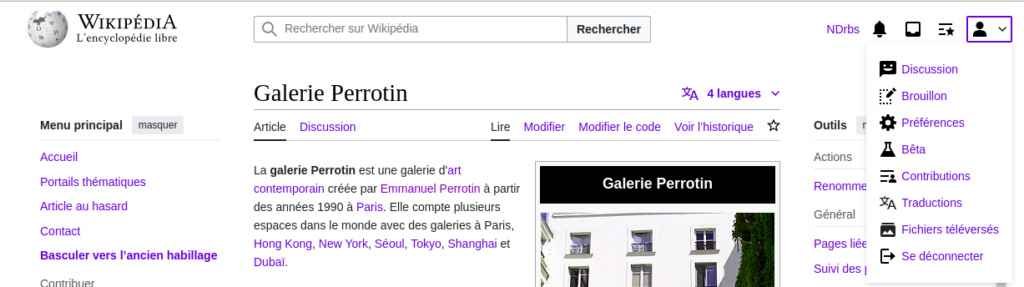 Aperçu d'un article sur wikipédia avec en haut à droite le lien pour accéder à son brouillon