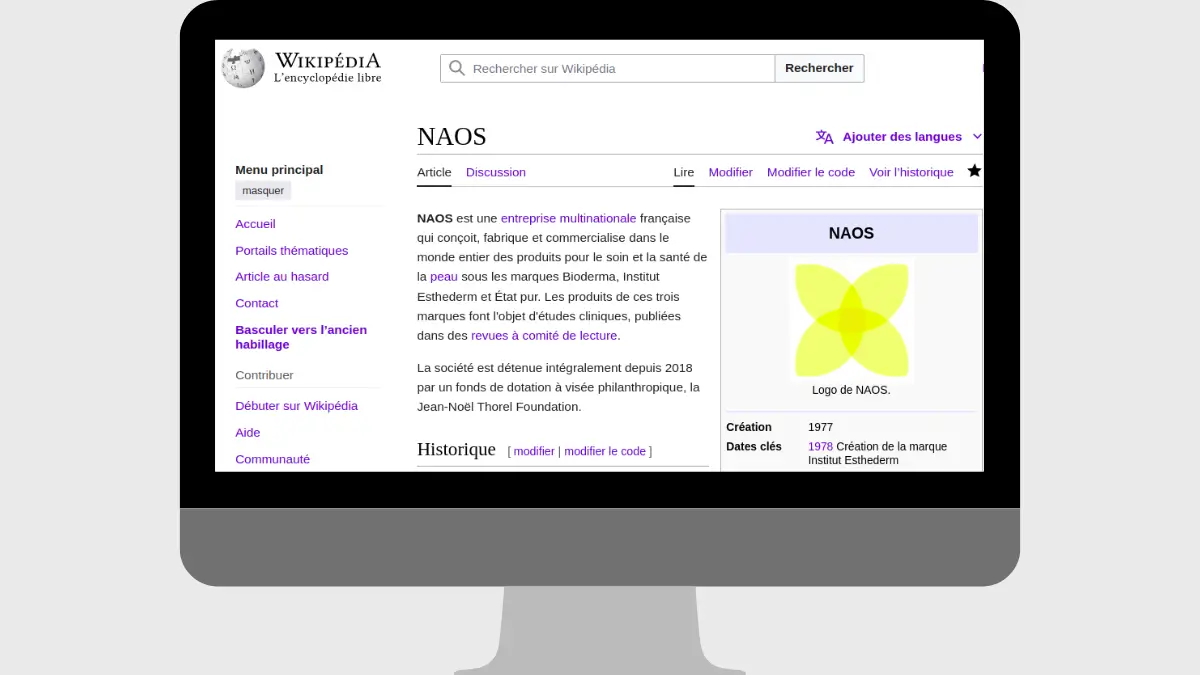 résultat d'une freelance qui a crée une page wikipédia pour une grande entreprise française de cosmétique, NAOS