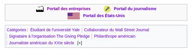 Catégories et portails en fin d'article wikipédia : portail des entreprises, portail du journalisme, etc.