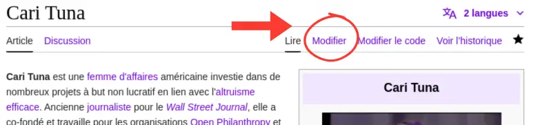 aperçu de l'option Modifier pour éditer une page wikipédia au format visuel