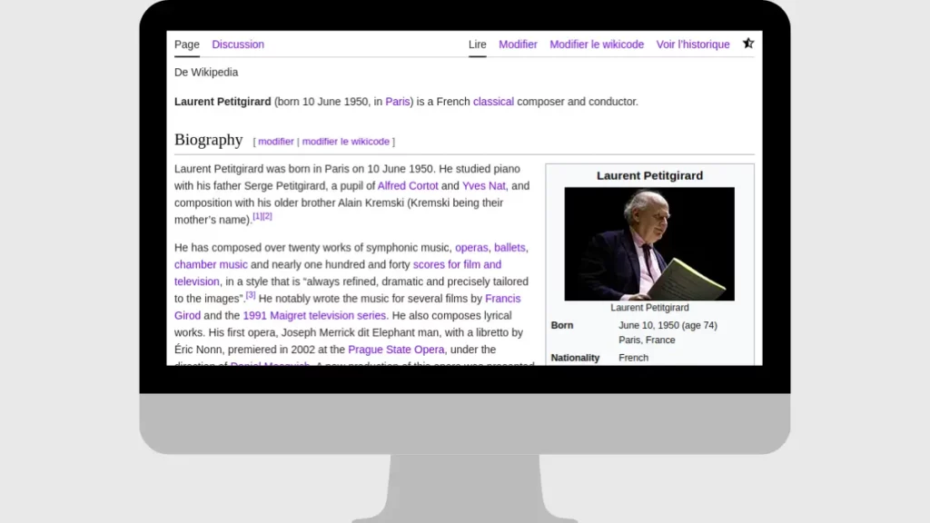 création de la page wikipédia d'un chef d'orchestre en anglais depuis une traduction de la page en français