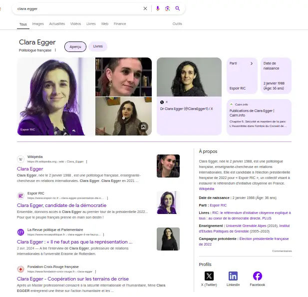 google knowledge graph de clara egger, une personne, chercheuse