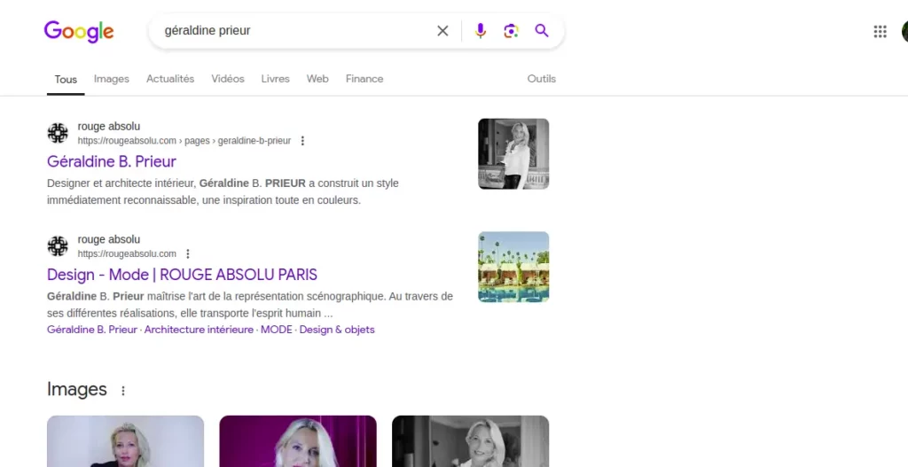 Et les résultats Google lorsqu'on tape le nom d'une architecte d'intérieur connue mais qui n'a ni sa page Wikipédia, ni Google Knowledge Panel