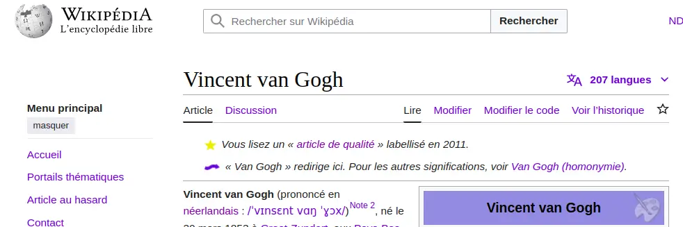 Exemple de page Wikipédia consacrée à un artiste et labellisée "article de qualité"