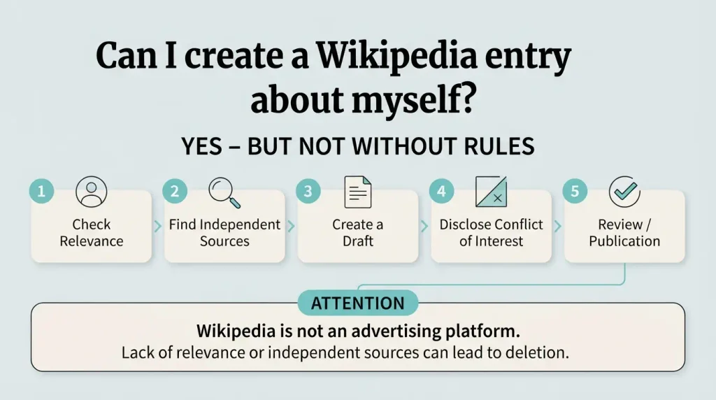 Infographic: Creating a Wikipedia entry about yourself – relevance, sources, draft, and conflict of interest