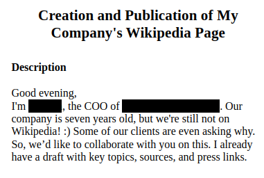 Message from a manager seeking a freelancer to create a Wikipedia page for their company.