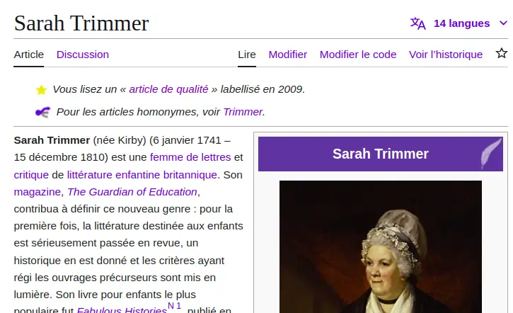 article d'une écrivaine sur Wikipédia, labellisé de qualité