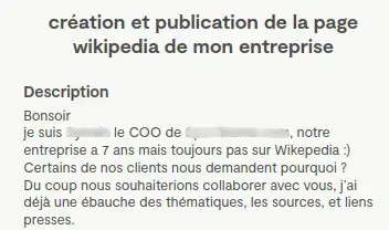 message d'un dirigeant qui veut créer la page wikipédia de son entreprise, et fait appel à un freelance pour ça