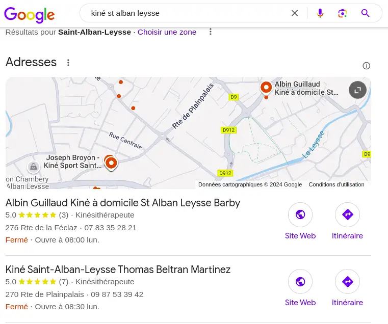 1ère position pour la requête "kiné st alban leysse" dans Google 