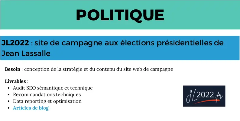 extrait du portfolio d'une formatrice SEO pour débutant qui a été consultante SEO en politique