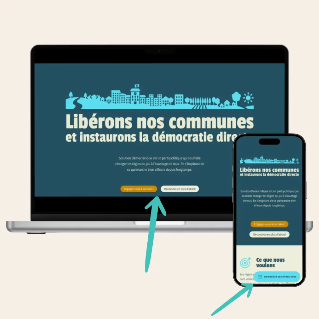 Aperçu du site responsive et sur ordinateur. Exemple de page d'atterrissage (landing-page) : cette page du site cible uniquement les maires, et l'association ne s'adresse pas de la même façon à eux, car elle ne propose pas la même choses aux élus qu'aux citoyens. Elle les incite plutôt à demander à un rendez-vous ou à en savoir plus sur l'association. Les bandeaux de haut et bas de page ont aussi été supprimées sur ces pages spécifiques pour inciter les internautes à effectuer les actions qu'on souhaite qu'ils fassent.