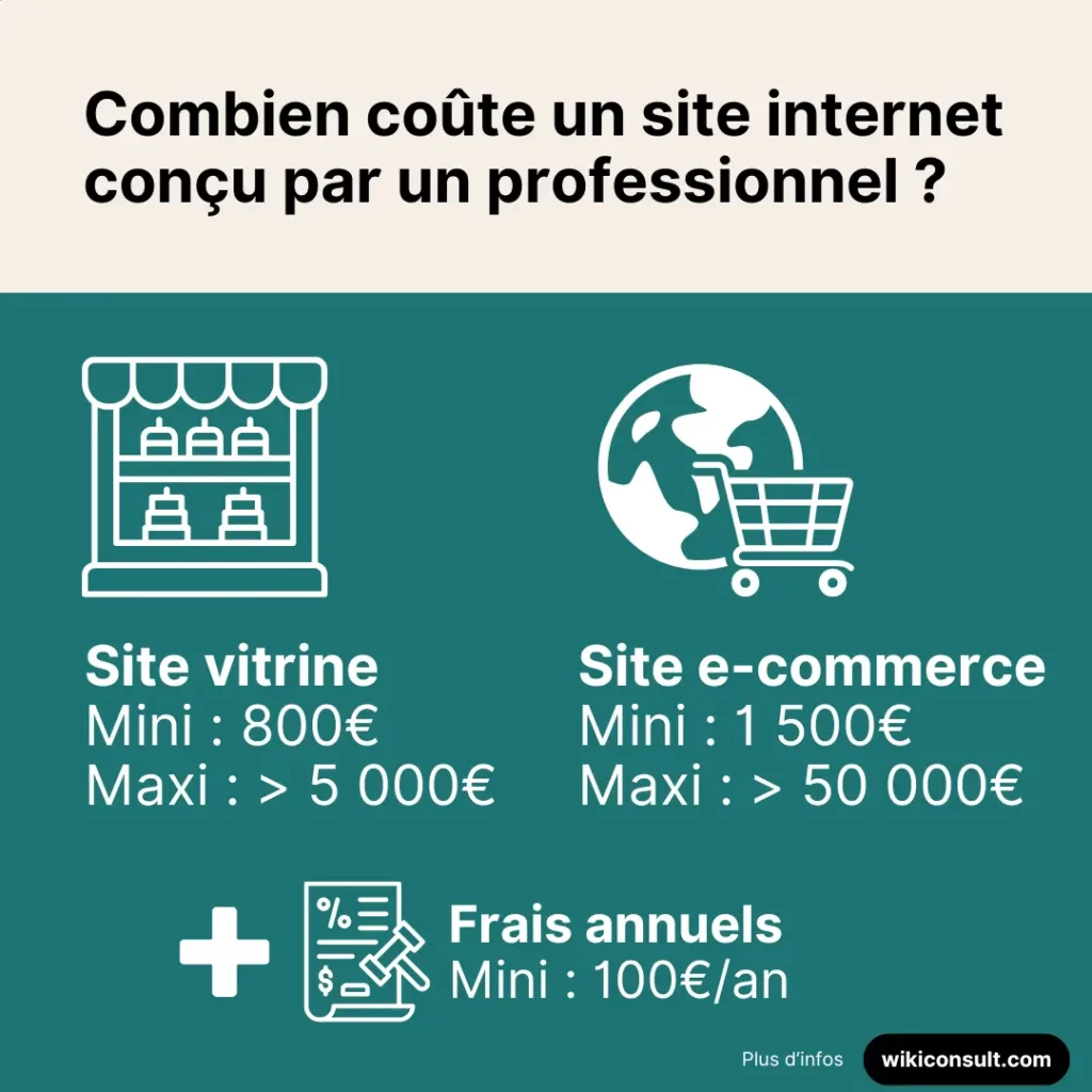 infographie : combien coûte un site internet professionnel : site vitrine, site e commerce, frais annuel, fourchette de prix de 800€ à plus de 50 000 €