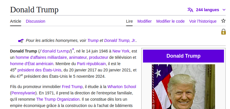 La page Wikipédia de Donald Trump est souvent sous protection étendue (le cadenas indique cela). Elle est modifiable seulement par les personnes qui ont un compte sur Wikipédia depuis plus de 3 mois et au moins 500 contributions à leur actif.