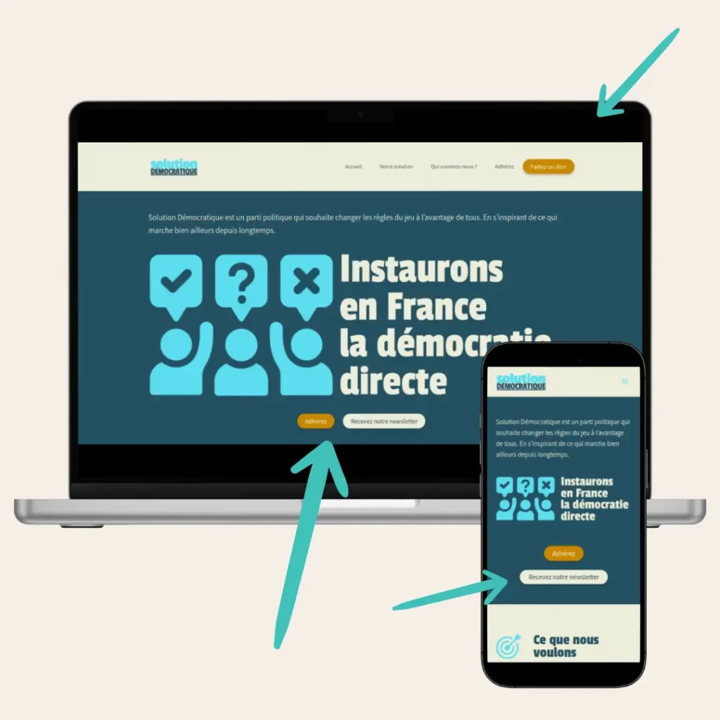 Le site est structuré pour inciter ses visiteurs à effectuer les actions souhaitées par l'association, que ce soit en version mobile ou sur ordinateur : des boutons incitent à adhérer, s'inscrire à la newsletter ou faire un don. Capture d'écran du site internet