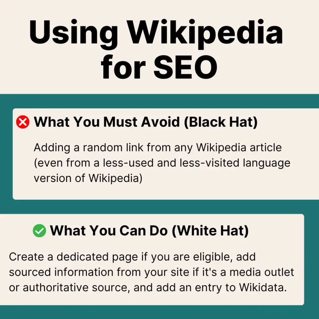 Iconography on how to use Wikipedia for SEO (Search Engine Optimization) on the internet and Google, black hat and white hat practices