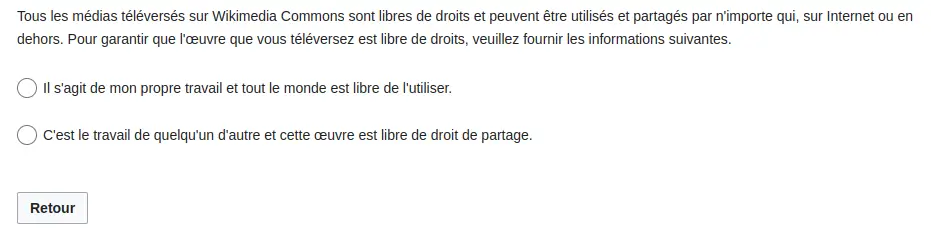 formulaire à remplir sur wikimédia commons pour ajouter une image sur wikipédia, indiquer que c'est votre propre travail