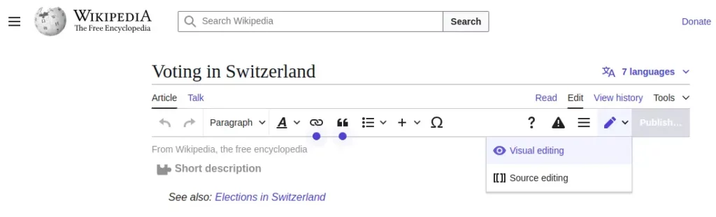 the two ways to edit a Wikipedia page: visual editing or source editing