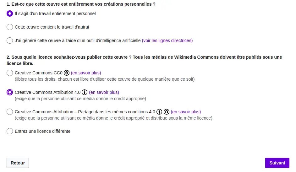 formulaire à remplir sur wikimédia commons pour ajouter une image sur wikipédia, indiquez qu'il sagit d'un travail personnel et le mettre sous licence creative commons attribution 4.0