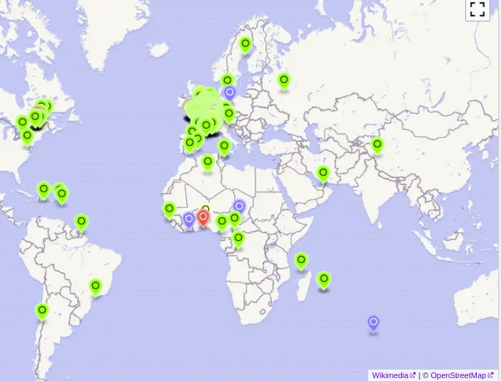 World map showing the location of French-speaking Wikipedians