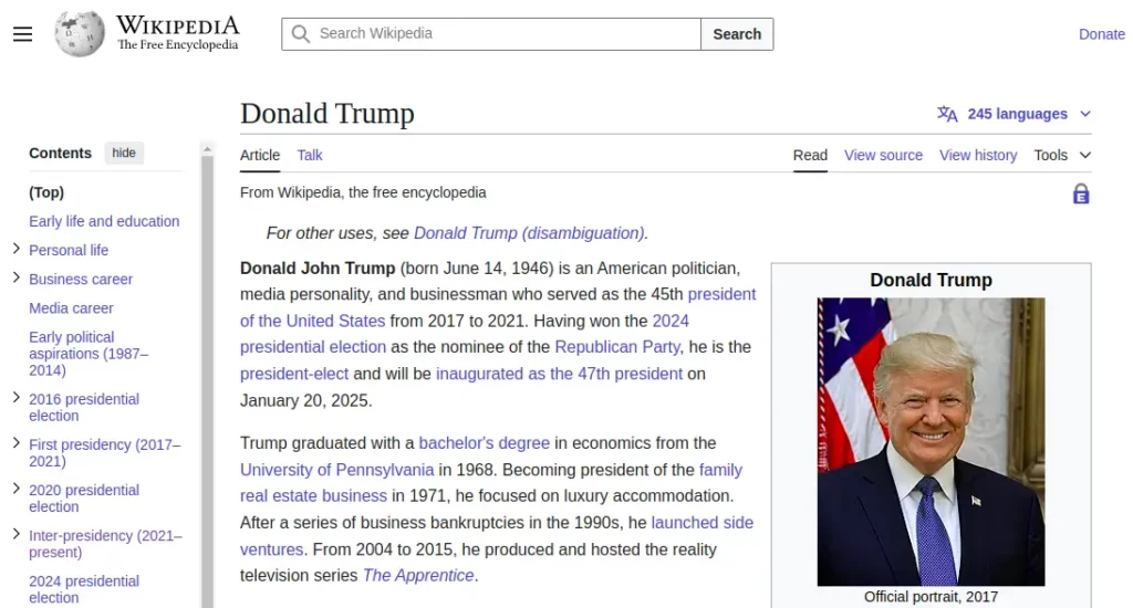 Donald Trump's Wikipedia page is often under extended protection (indicated by a padlock). Only users with a Wikipedia account older than 3 months and at least 500 edits can make changes to it