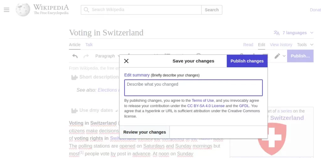 Where you need to write what you've done when editing a Wikipedia page