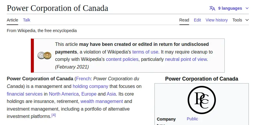 Banner for undisclosed compensation and benefits displayed on a Wikipedia page