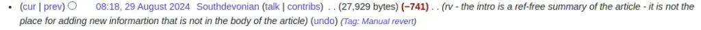Overview of a reverted edit on Wikipedia