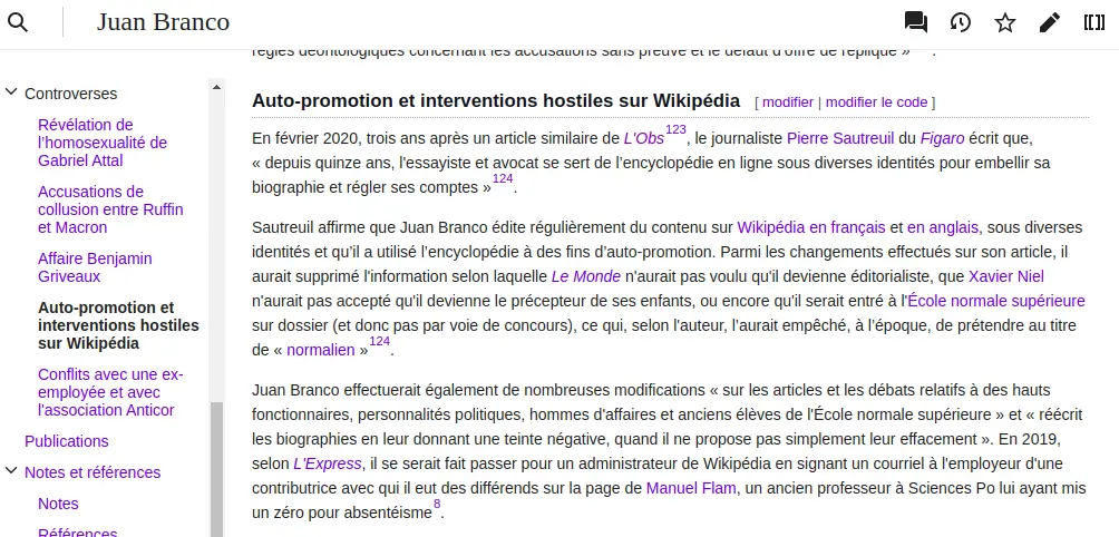 Extrait de la page Wikipédia de l'avocat Juan Branco