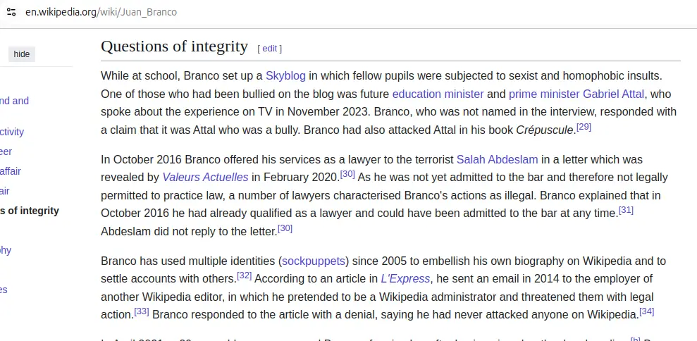 Excerpt from lawyer Juan Branco's page on English Wikipedia