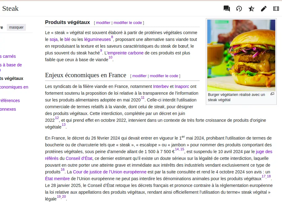 Ajout d'un paragraphe sur les produits végétaux, d'une photo, et d'un paragraphe sur l'affaire législative et juridique en France, sur la page Wikipédia dédiée au steak.