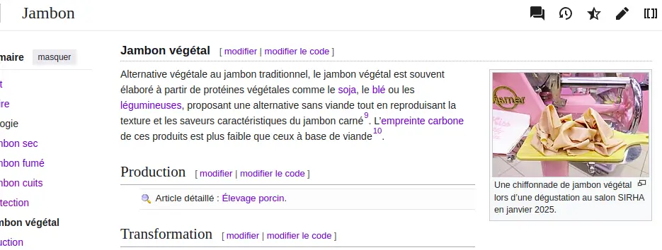 Ajout d'un paragraphe sur le jambon végétal, et d'une photo, sur la page Wikipédia dédiée au jambon. (capture d'écran de la page wikipédia)