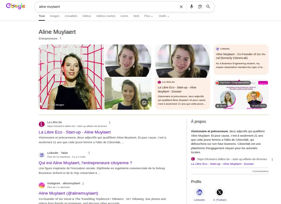 résultats recherche google après création fiche WIkidata pour la dirigeante d'une entreprise
