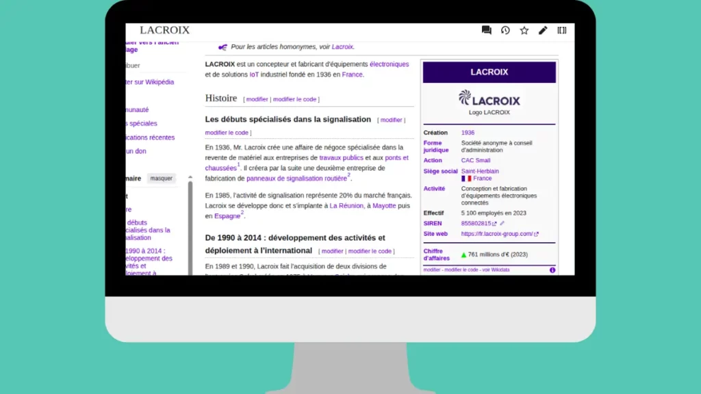 aperçu de la page wikipédia de LACROIX,  concepteur et fabricant d'équipements électroniques et de solutions IoT.
