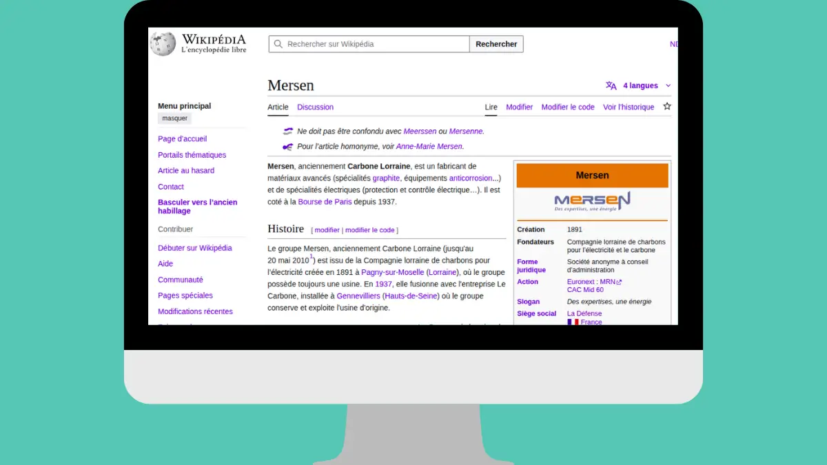 aperçu de la page wikipédia de Mesen, fabricant côté à la bourse de paris