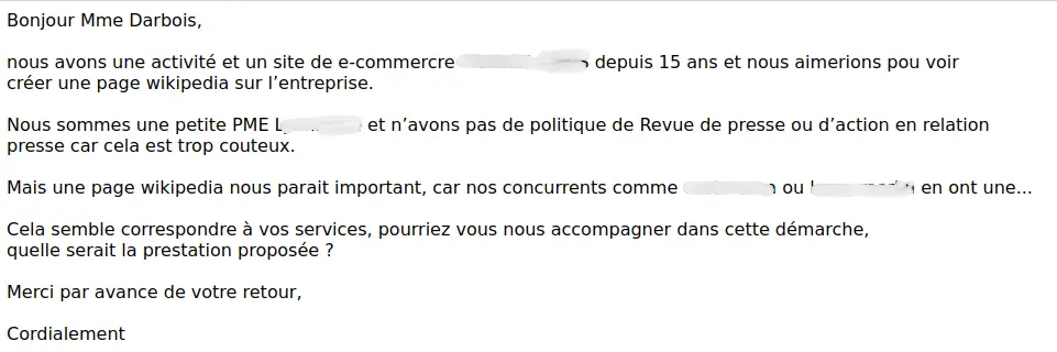 Le responsable SEO de cette PME a parfaitement compris l'intérêt d'une page Wikipédia. Cependant, si les médias traditionnels ne se sont pas spontanément intéressés à cette PME (ce qui arrive rarement), alors il y a peu de chance qu'elle soit admissible sur Wikipédia.