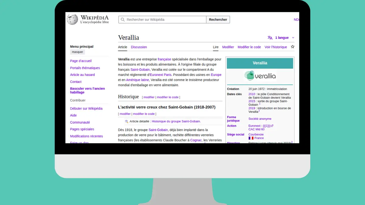 aperçu de la page wikipédia de Mesen, troisième producteur mondial d'emballage en verre alimentaire, côté à la bourse de paris
