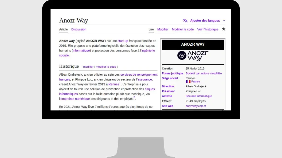 aperçu de la page wikipédia de la start-up dans la cybersécurité anozr way