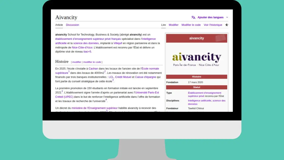 aperçu de la page wikipédia de l'école privée aivancity, page créée par wikiconsult