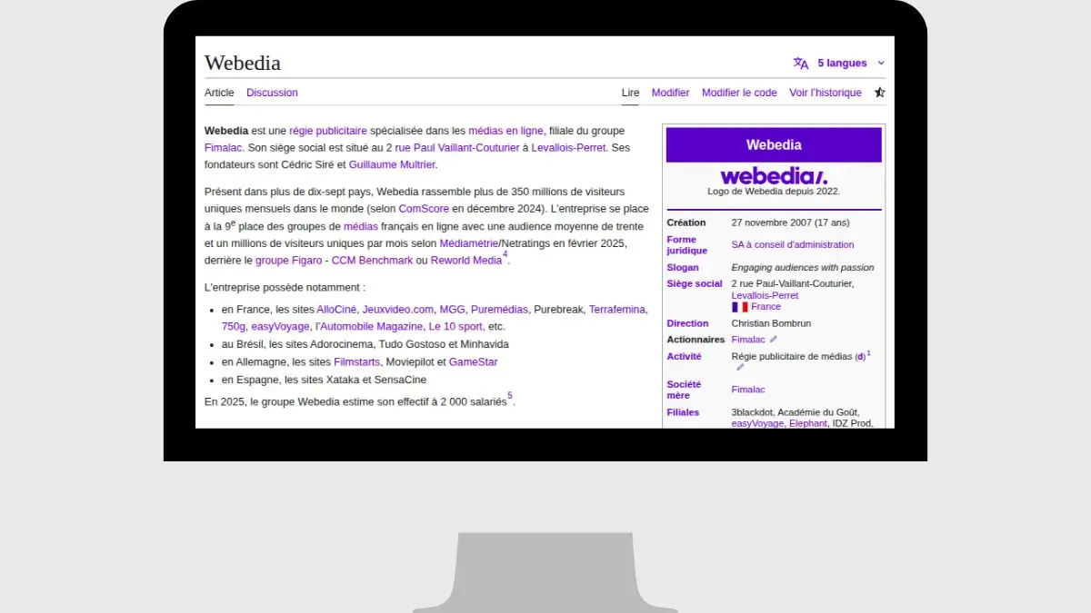 page wikipédia du média webeda mise à jour