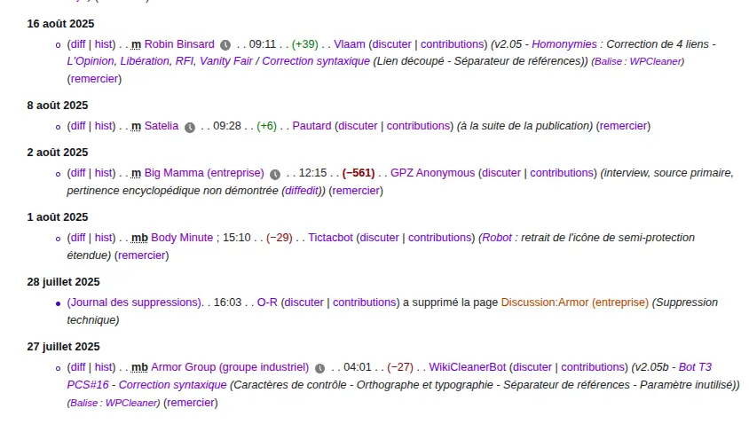 aperçu d'une liste d esuivi sur wikipédia pour surveiller plusieurs pages