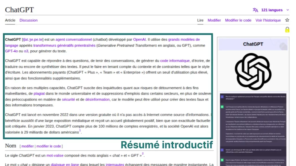 La zone appelée "résumé introductif" (RI) sur un article Wikipédia, exemple avec la page sur chatGPT