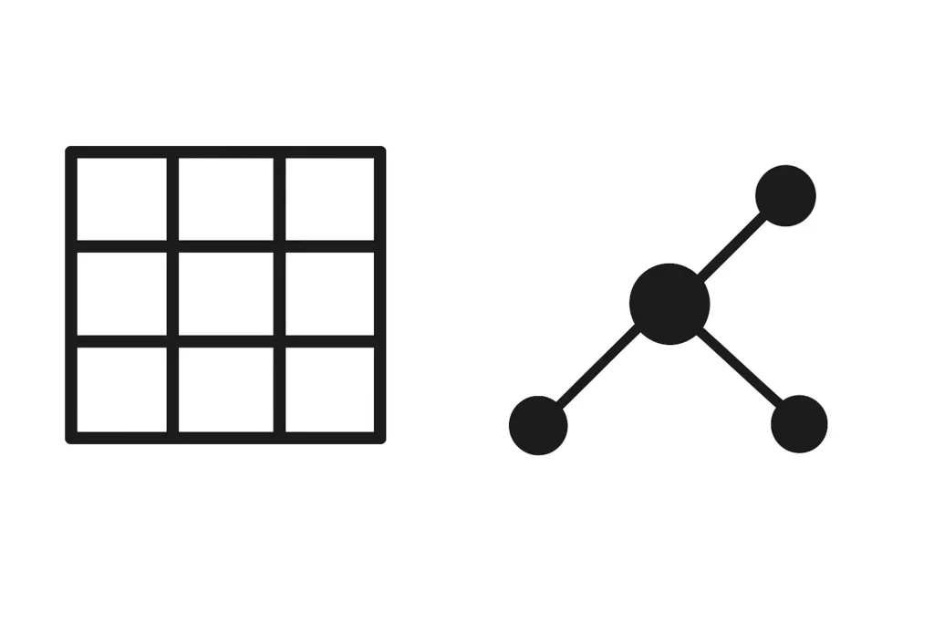 On peut présenter des données sous forme de tableau comme à gauche, ou sous forme de graphe de connaissance comme à droite.