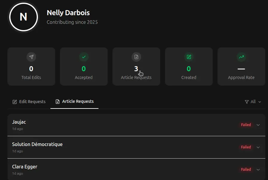 Vous pouvez accéder à l'historique des articles ou modifications que vous avez demandé et leur statut. Dans mon cas, les articles suggérés ici ont été rejeté en quelques heures. Motif : "We encountered an issue while checking if this topic already exists. Please try again later."