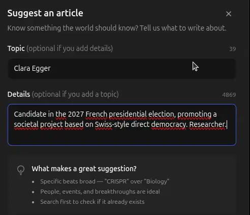 Le formulaire a remplir pour suggérer la création d'un nouvel article sur Grokipédia