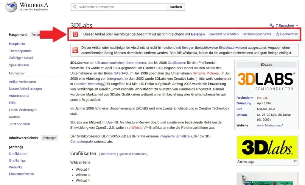 Das ist die Art von Hinweis, die Sie erhalten können, wenn Sie Ihre Aussagen in einem Wikipedia-Artikel nicht ausreichend mit Quellen belegen. Außerdem kann Ihr Artikel aus diesem Grund auch gelöscht werden.