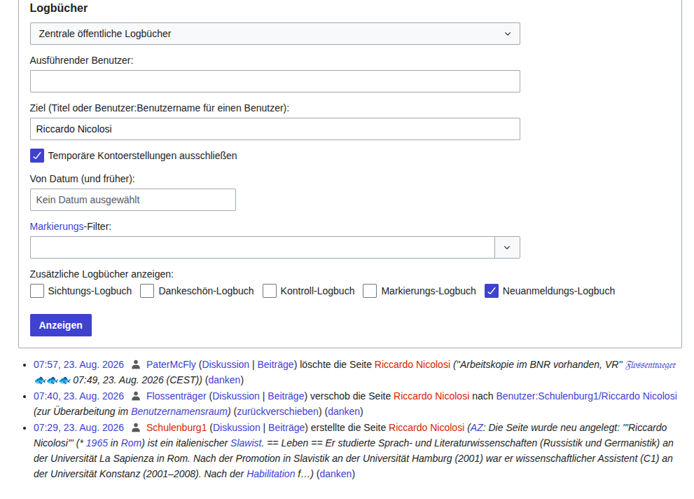 Übersicht über die öffentlichen Aktionsprotokolle von Wikipedia, die bereits erstellte und gelöschte Wikipedia-Seiten anzeigen.