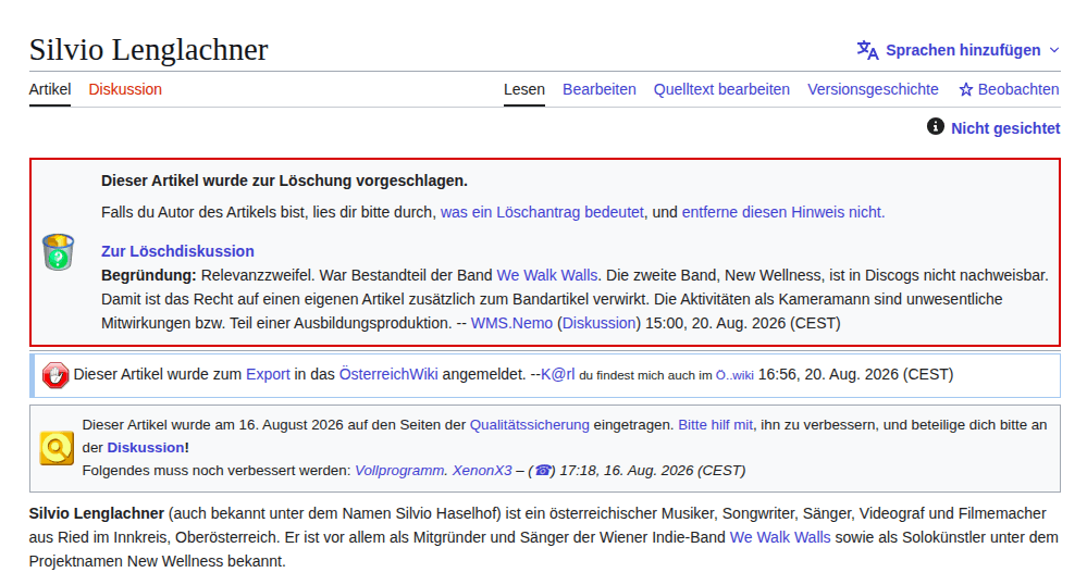 Ein Löschantrag bedeutet, dass die Relevanz des Themas angezweifelt wird und der Artikel gelöscht oder behalten werden kann. Ein Qualitätssicherungsbaustein weist auf inhaltliche, formale oder quellenbezogene Probleme hin. Ein möglicher Export ins ÖsterreichWiki bietet eine Alternative, falls der Artikel nicht in der deutschsprachigen Wikipedia bleibt.