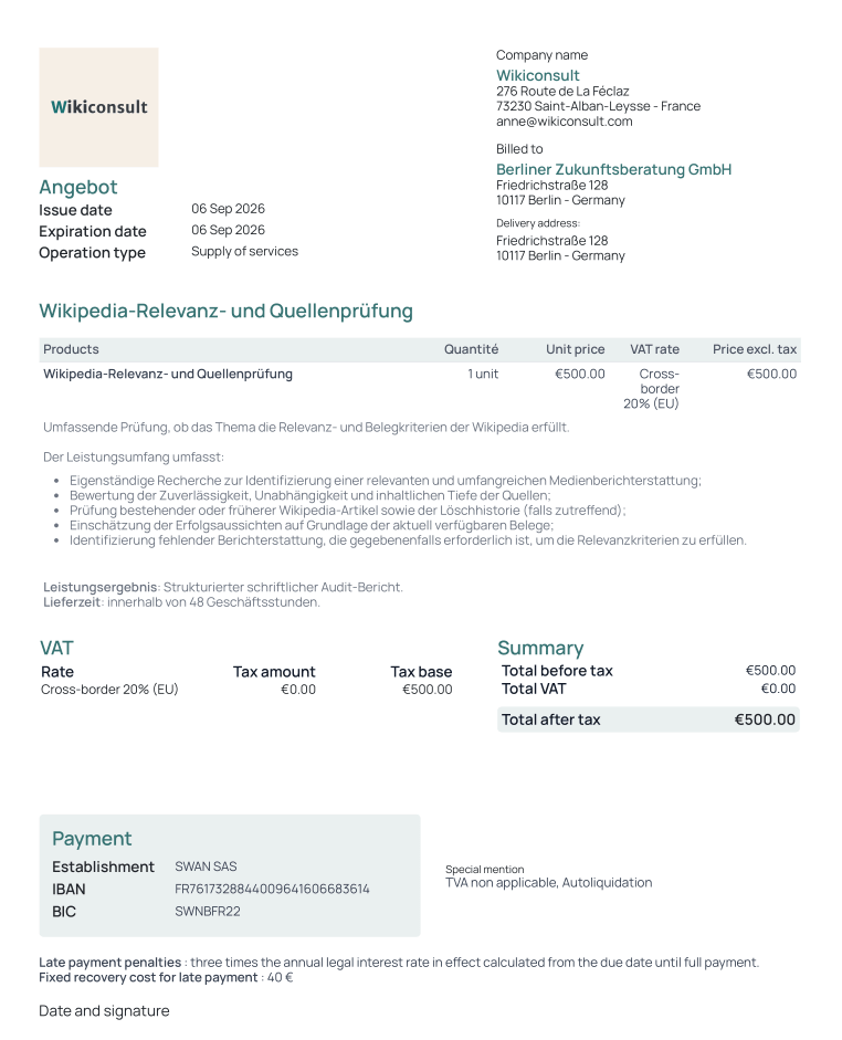 Beispiel für ein Angebot für ein Wikipedia-Eignungs- und Quellenaudit vor der Erstellung eines Wikipedia-Artikels bei Wikiconsult